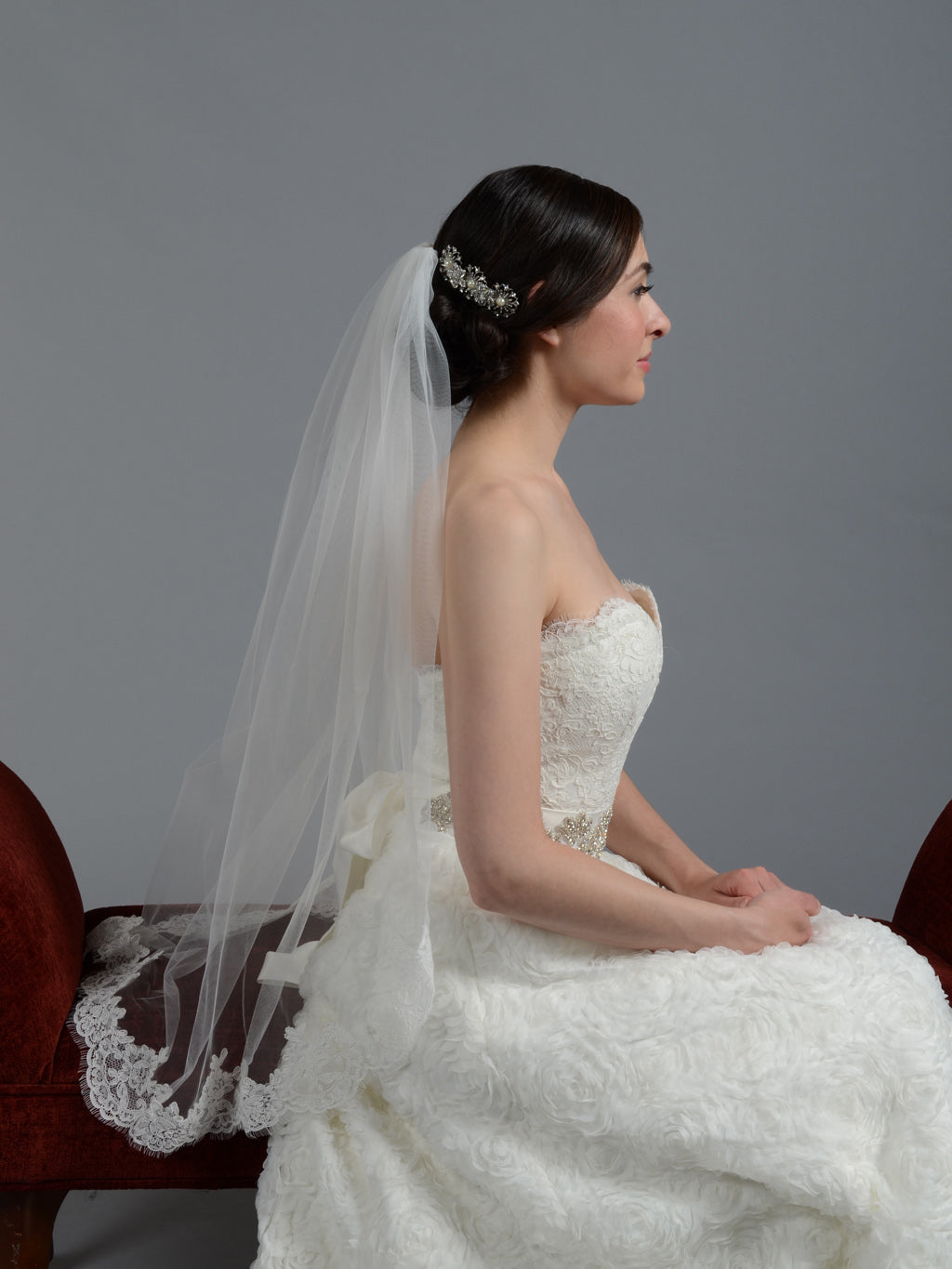 Light ivory elbow alencon lace wedding veil V043