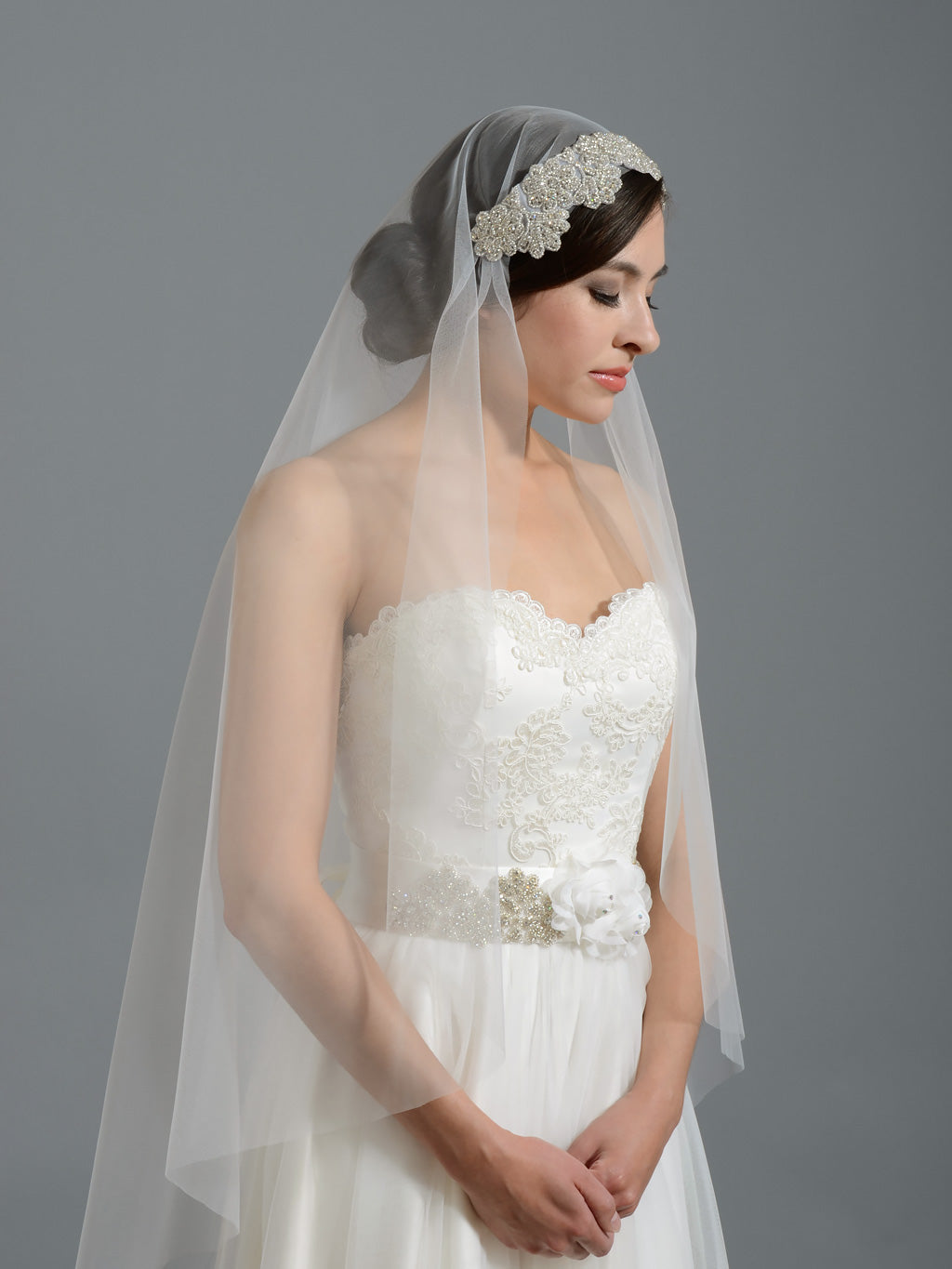 Tulip Bridal Ivory Elbow Wedding Veil with Rhinestone Applique V048