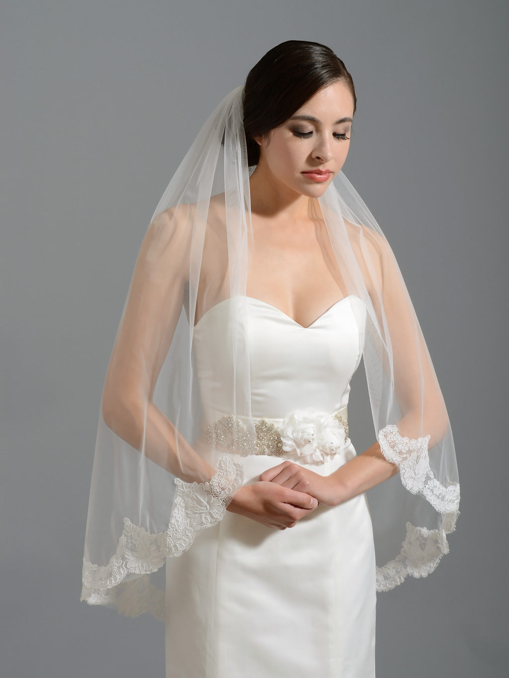 Ivory elbow alencon lace wedding veil V049