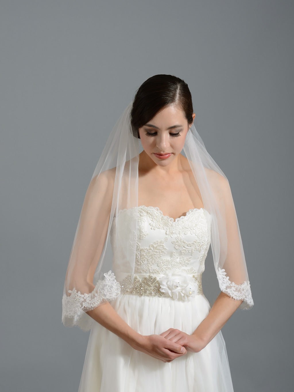 Ivory short elbow alencon lace wedding veil V050