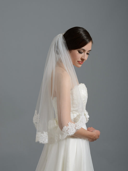 Ivory short elbow alencon lace wedding veil V050