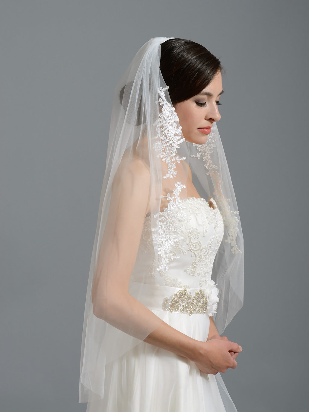 Ivory elbow wedding veil V051 alencon lace