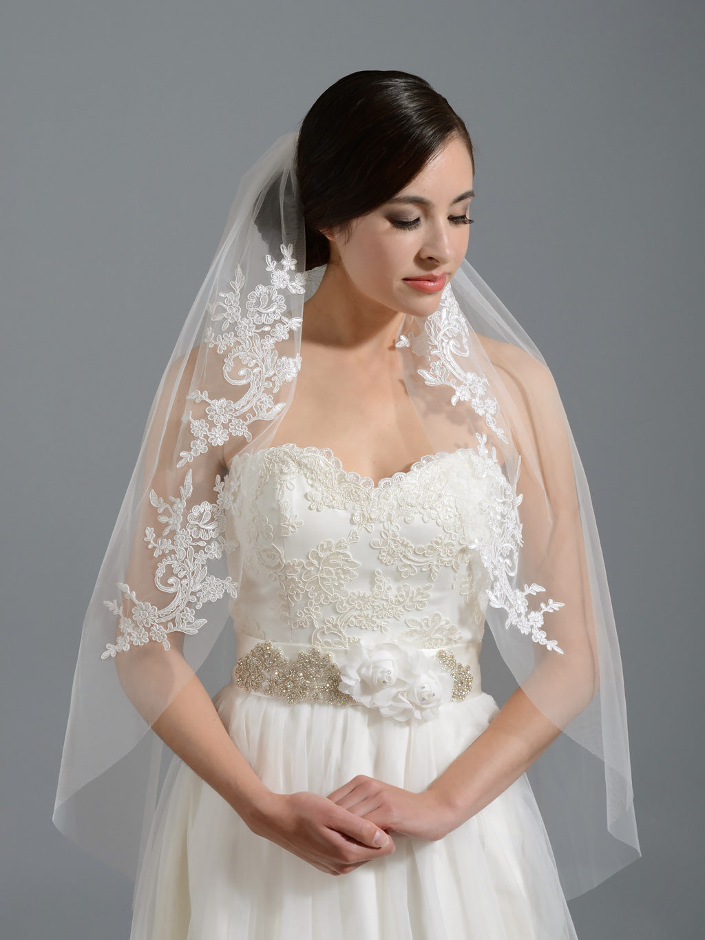 Ivory elbow wedding veil V051n alencon lace