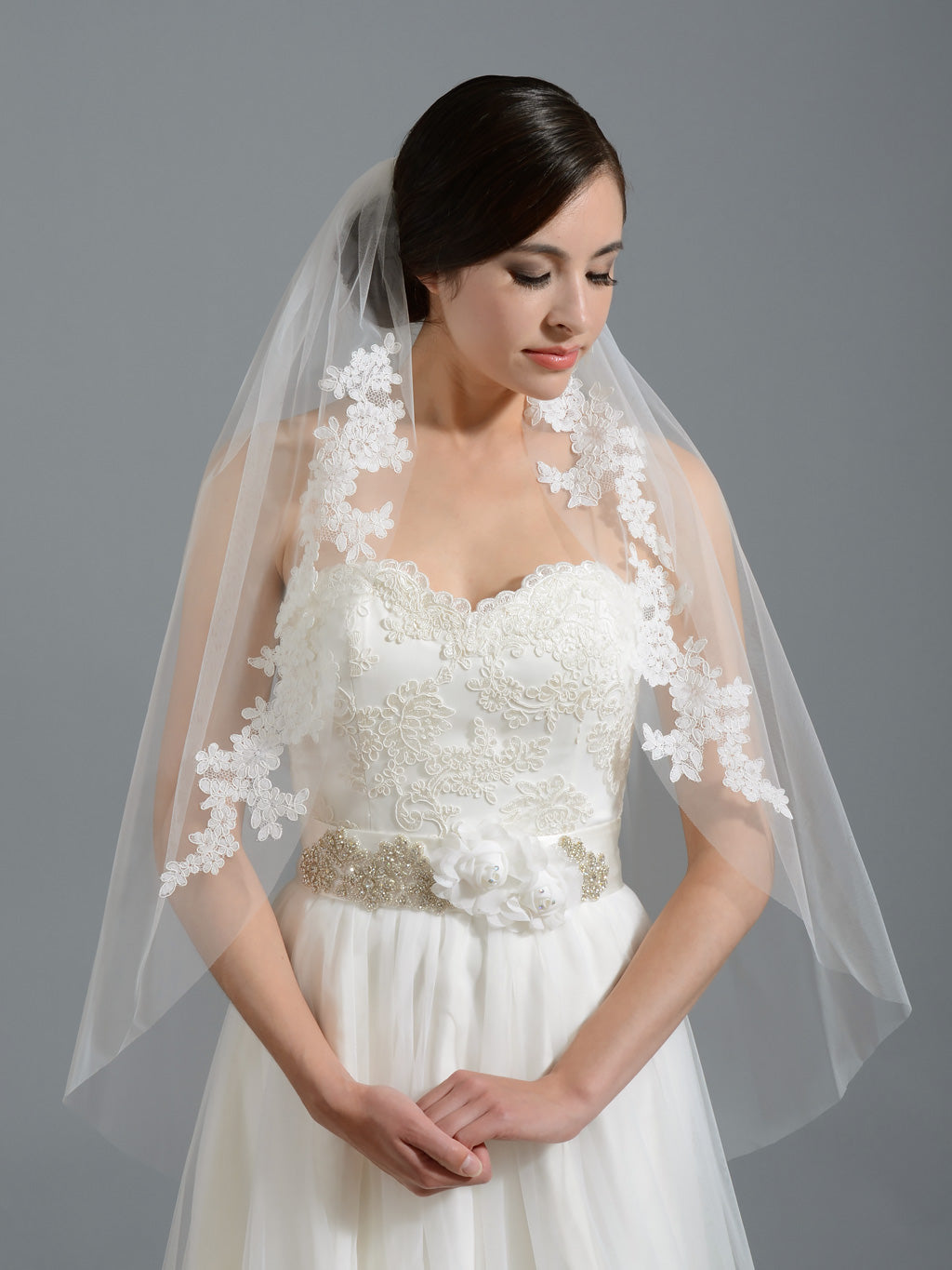 Ivory elbow wedding veil V052 alencon lace