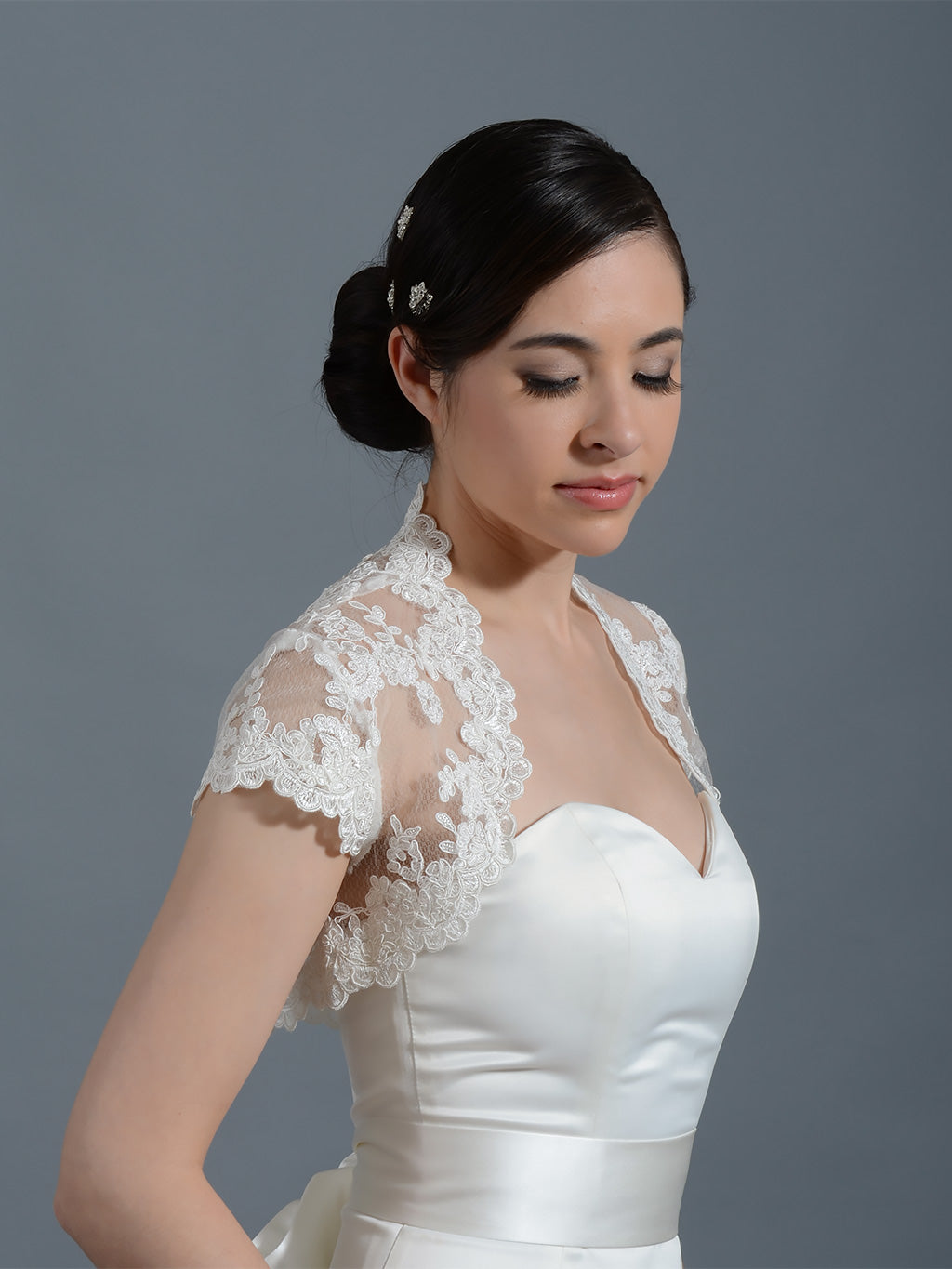 Ivory cap sleeve bridal alencon lace bolero jacket Lace_065
