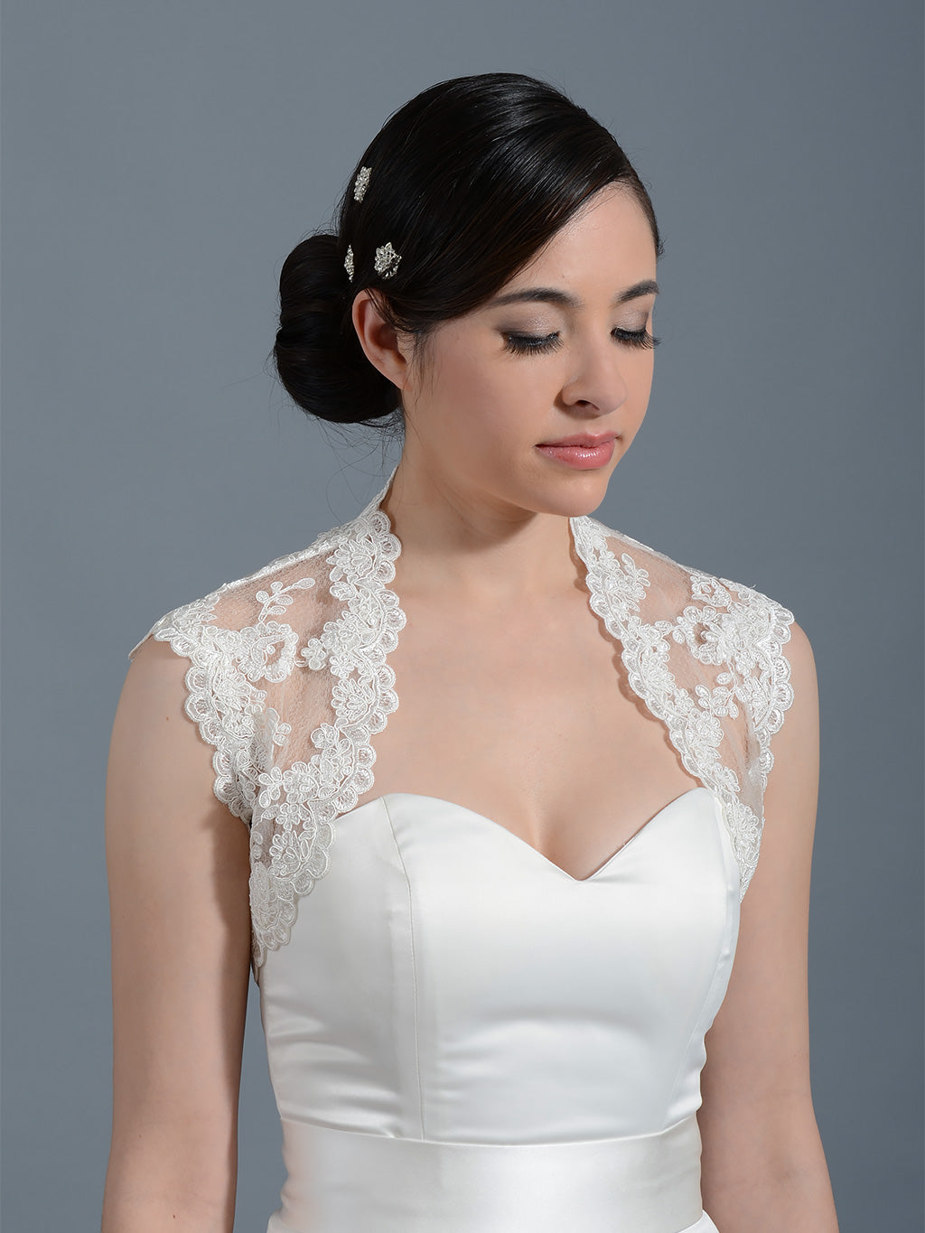 Ivory sleeveless bridal alencon lace bolero jacket -- Lace_073