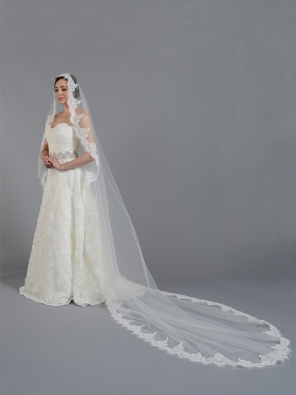 Ivory cathedral alencon lace wedding veil V033c