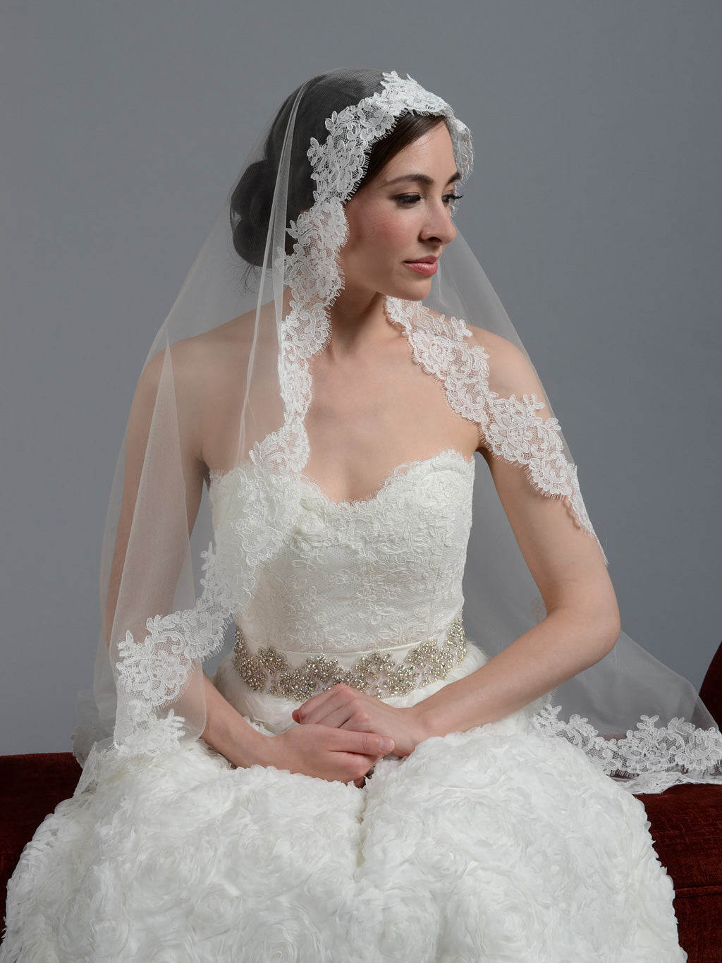 Ivory wedding veil  alencon lace V044