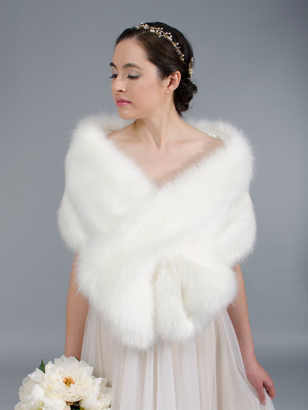 Ivory faux fur wrap bridal stole B002-Ivory