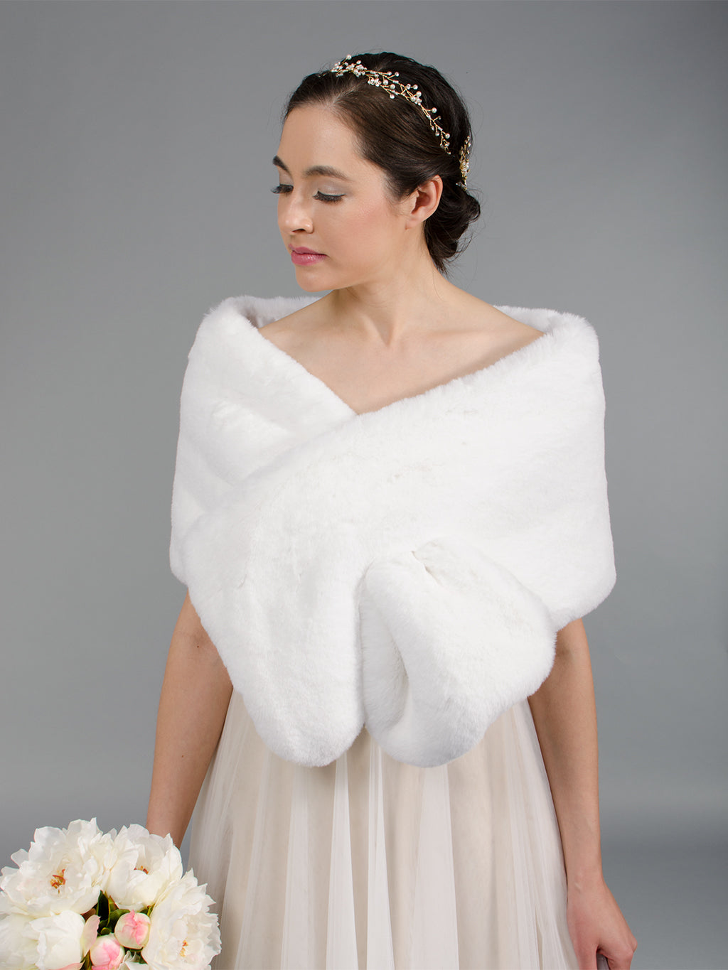 Natural white faux fur wrap bridal stole B004-white