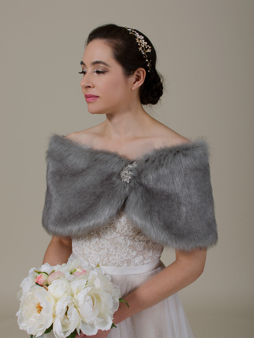 Silver bridal faux fur wrap stole B007-Silver