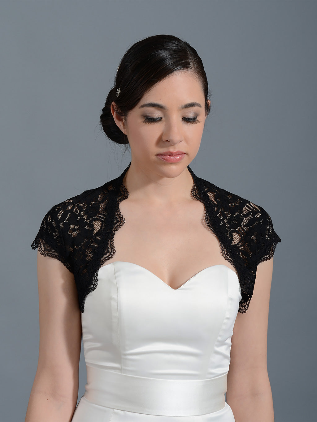 Black cap sleeve bridal lace bolero jacket Lace_041Black