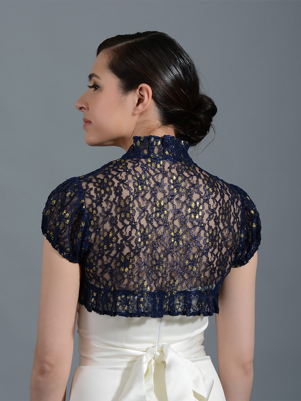 Philosophical charm Decode Navy Blue short sleeve corded lace wedding bolero jacket Lac