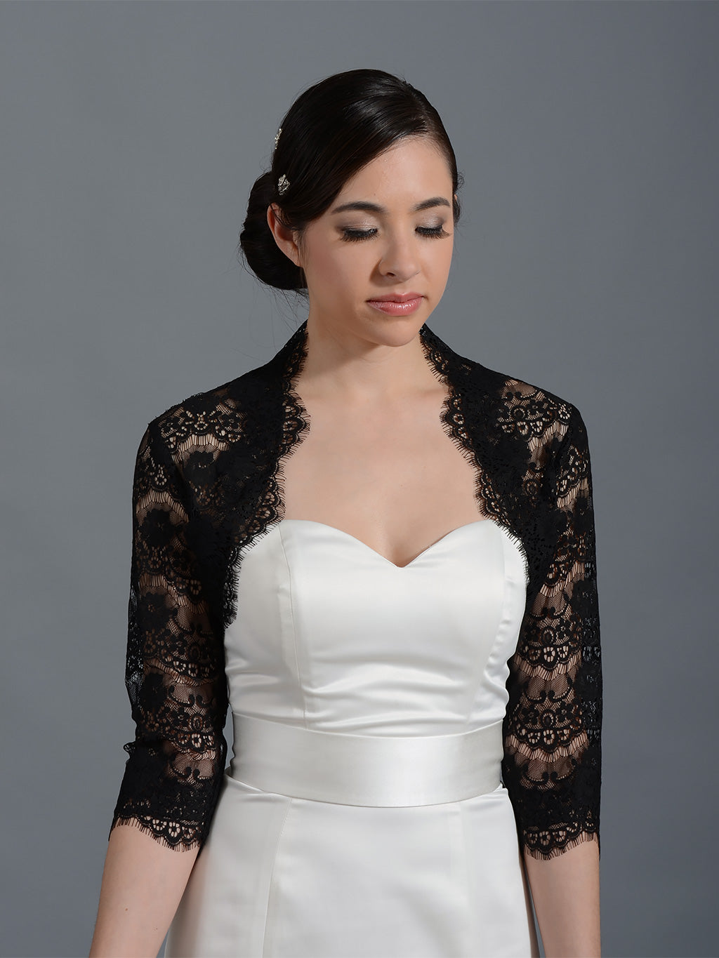 Black 3/4 sleeve bridal lace wedding bolero jacket 051n
