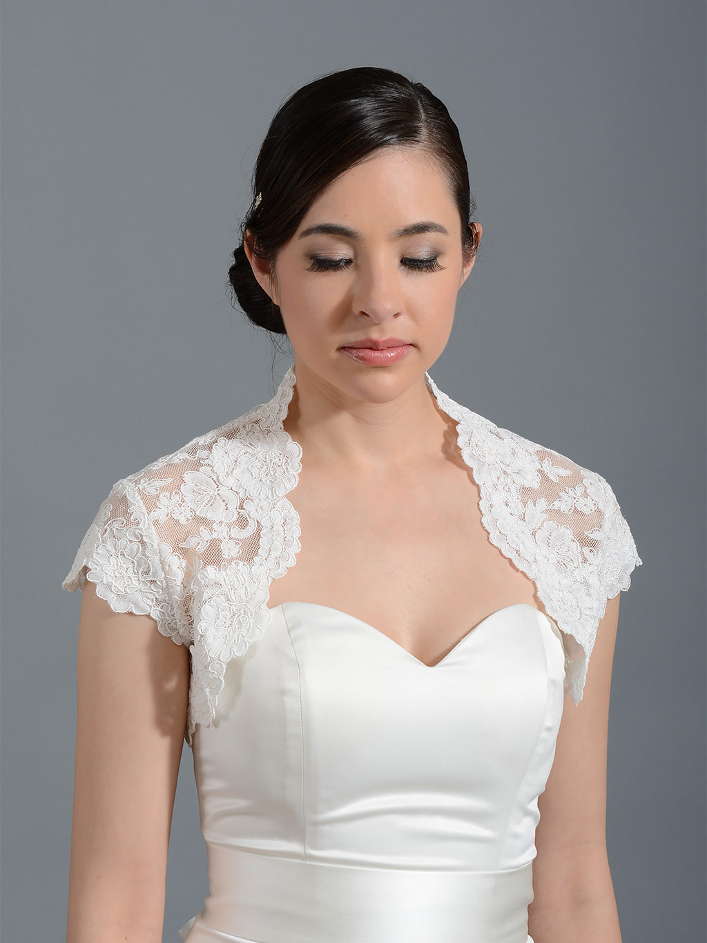 Cap sleeve bridal alencon lace bolero jacket -- Lace_059