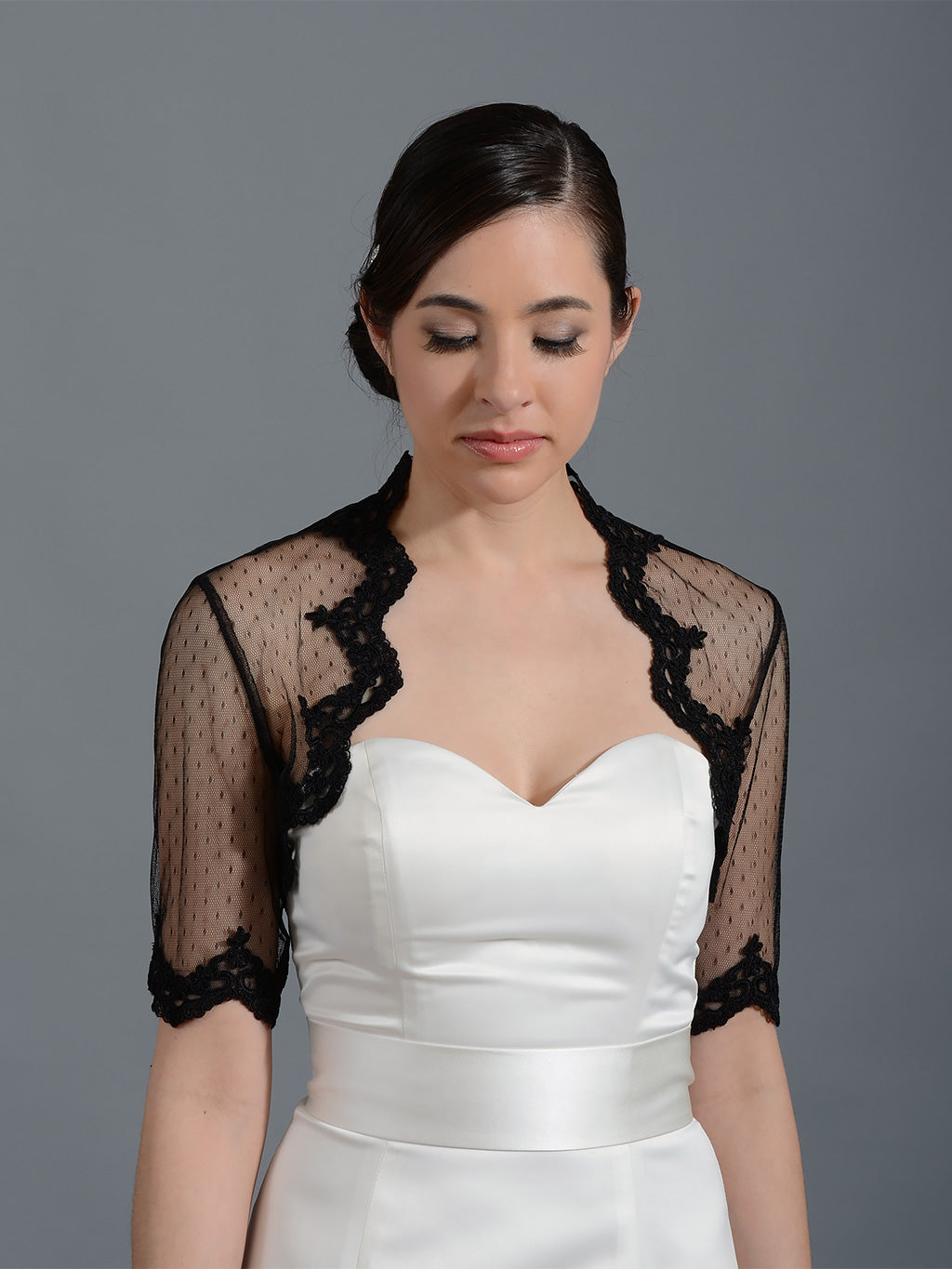 Black elbow length bridal dot lace wedding bolero jacket Lace_081