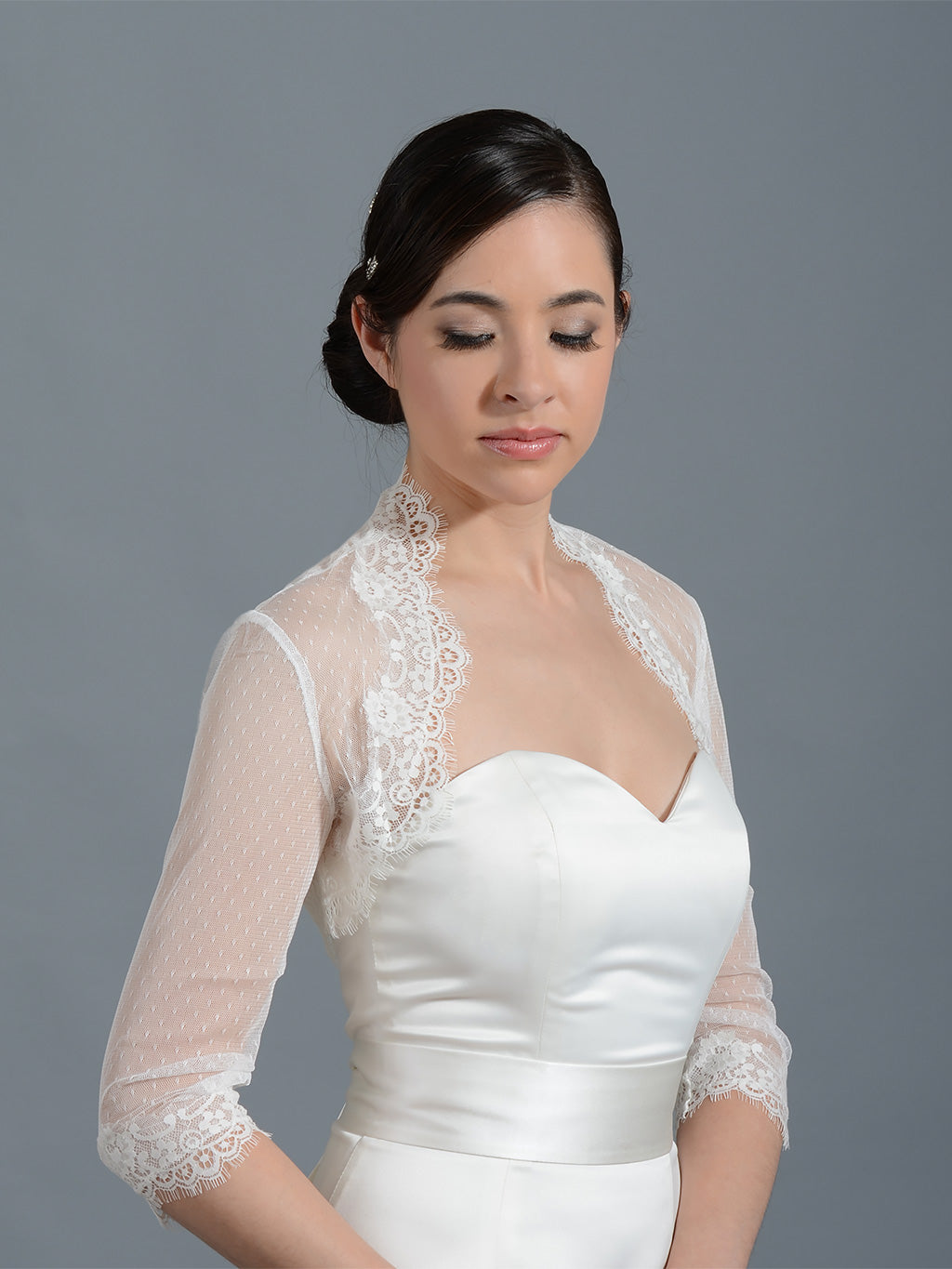Lace Top 3/4 Sleeves Applique Wedding Jacket Ivory White Sequined Shrugs Bolero 