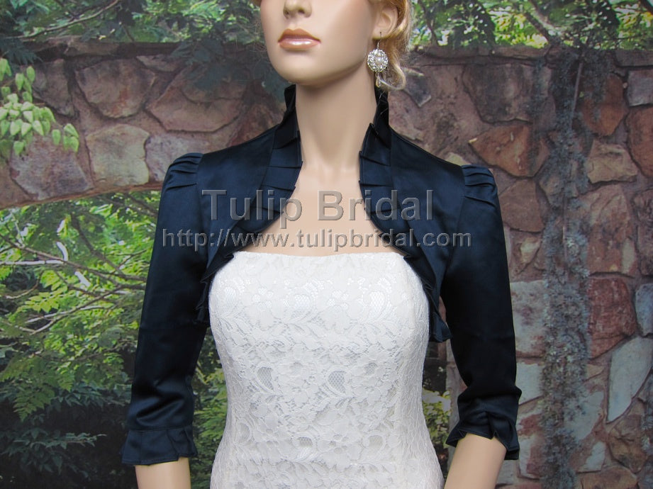 Navy Blue 3/4 sleeve wedding satin bolero jacket Satin008_NavyBlue