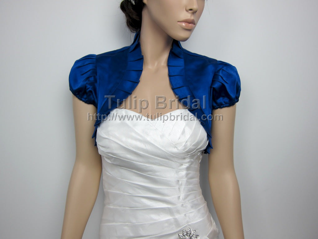 Blue Short sleeve satin wedding bolero jacket Satin006n_blue