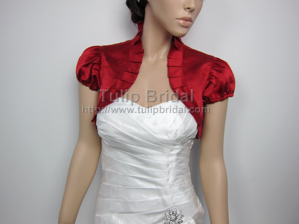 Wine Red short sleeve wedding satin bolero jacket -Satin006n