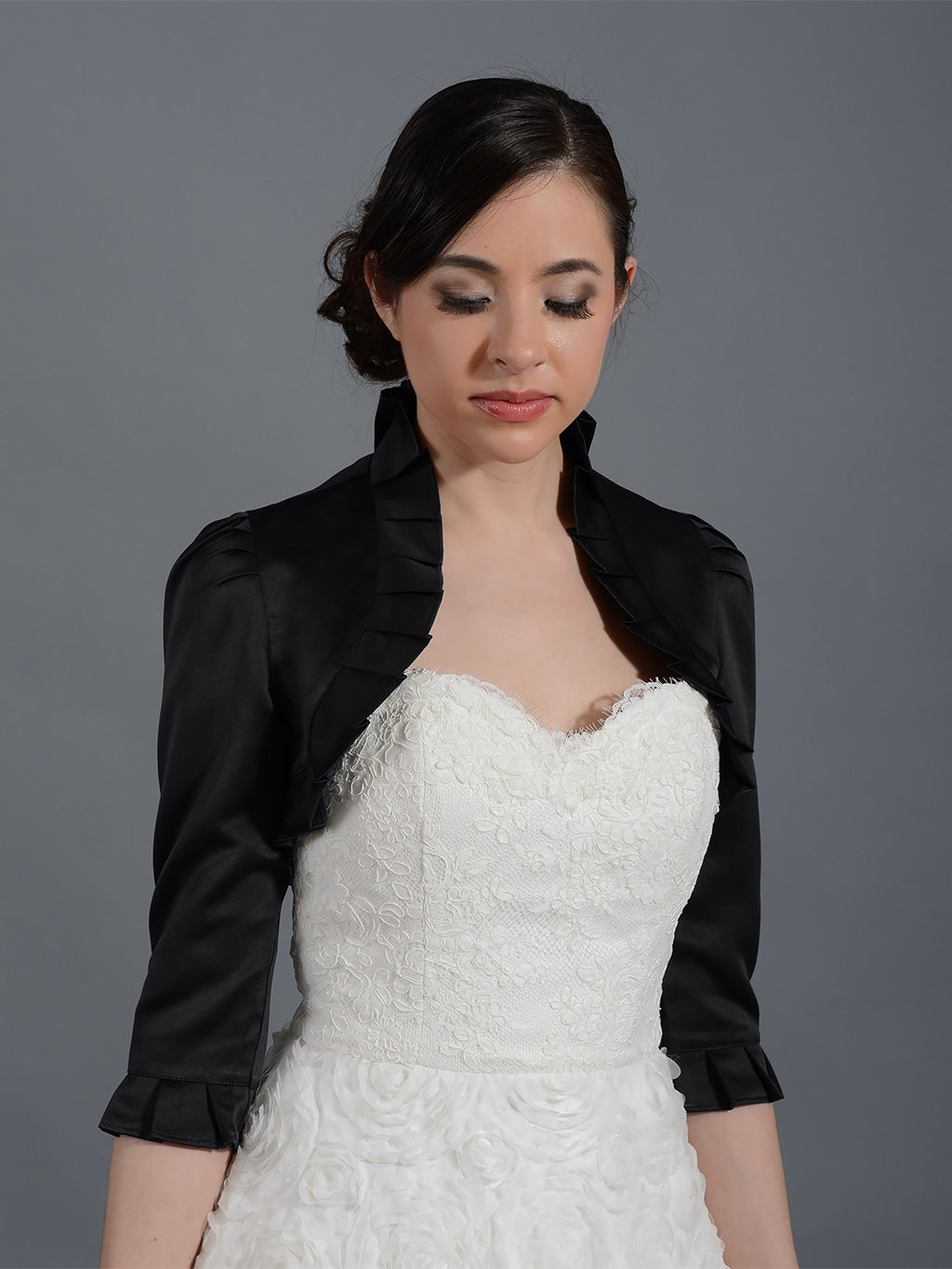 Black 3/4 sleeve satin wedding bolero jacket Satin008_b