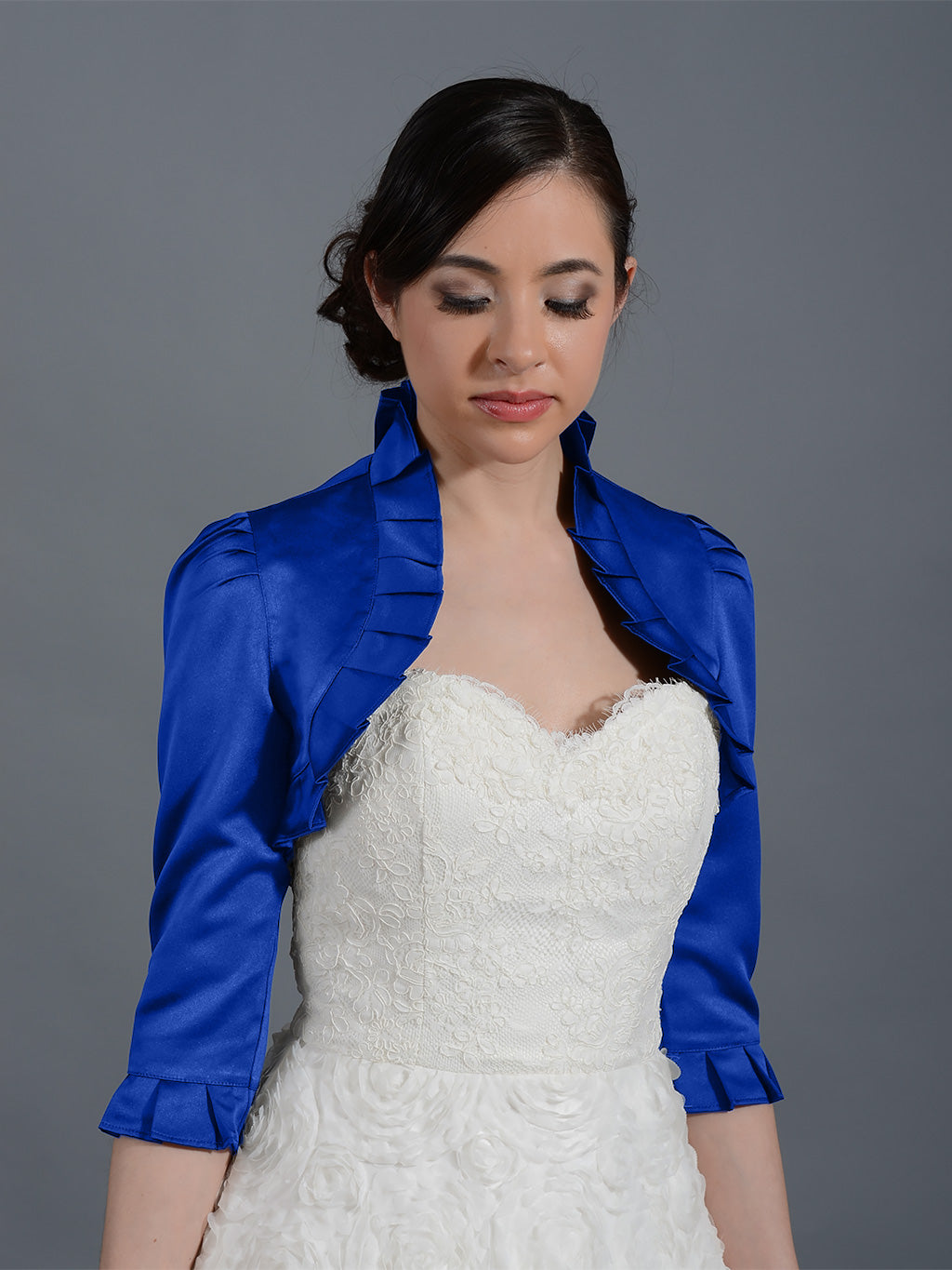 Blue 3/4 sleeve wedding satin bolero jacket Satin008_Blue