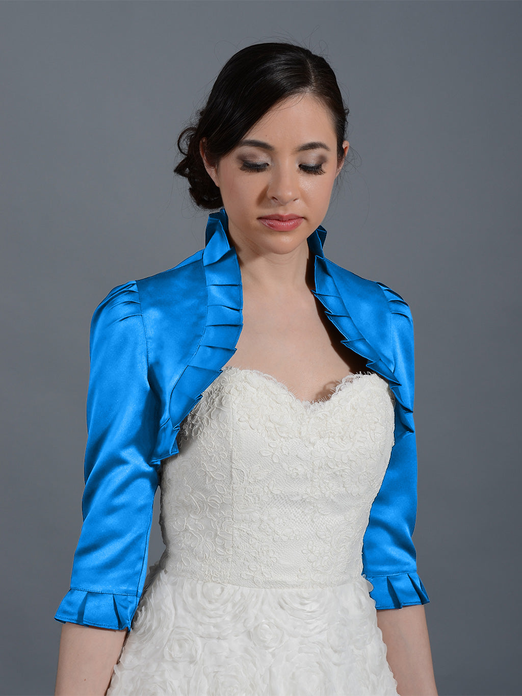 Bright Blue 3/4 sleeve satin wedding bolero jacket 