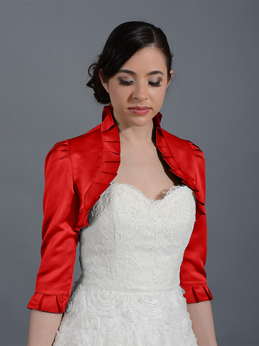 Red 3/4 sleeve satin wedding bolero jacket Satin008_Red