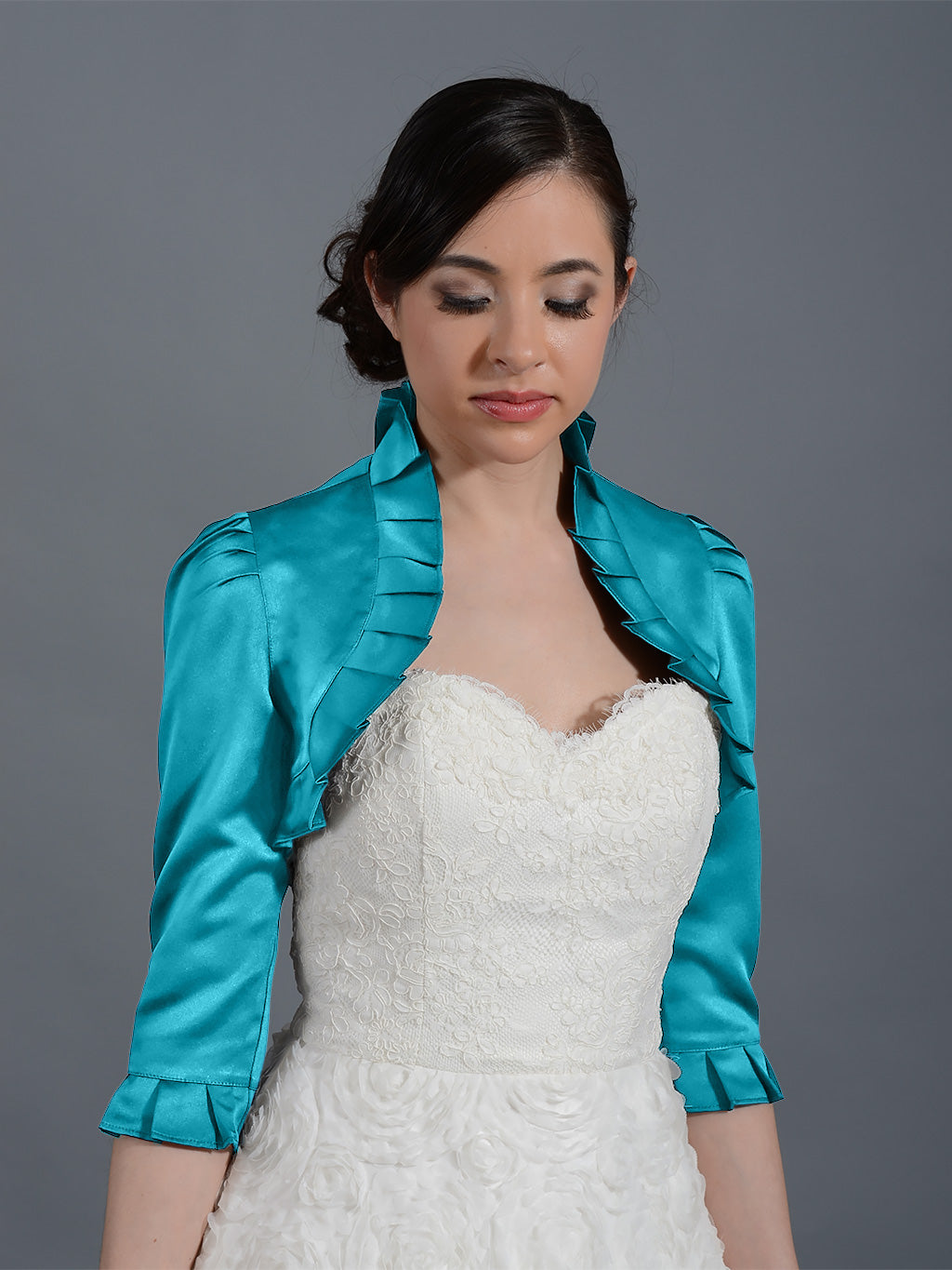 Teal 3/4 sleeve wedding satin bolero jacket Satin008_Teal