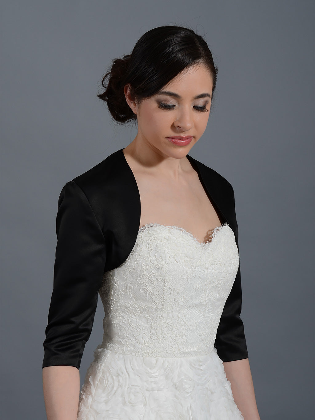 Black 3/4 sleeve wedding satin bolero jacket Satin009_Black