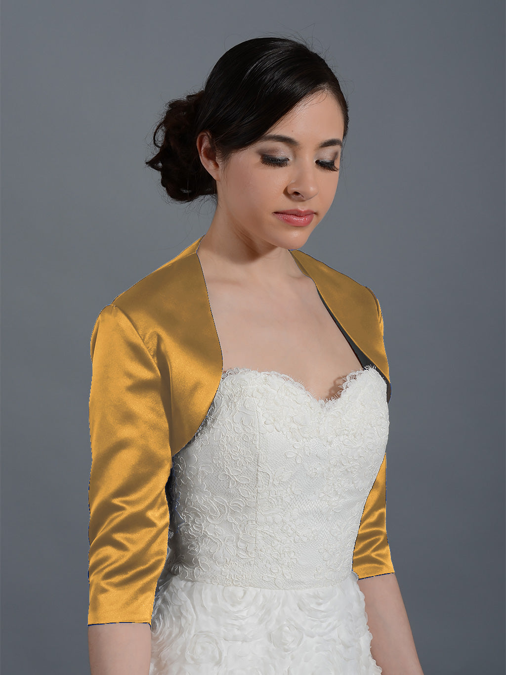 Gold 3/4 sleeve wedding satin bolero jacket Satin009_Gold 
