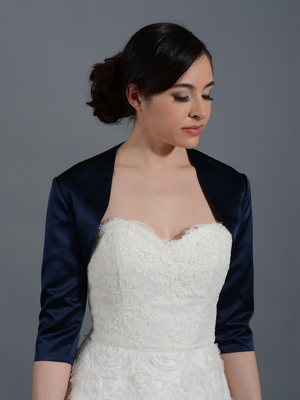 Navy Blue 3/4 sleeve wedding satin bolero jacket Satin009_NavyBlue