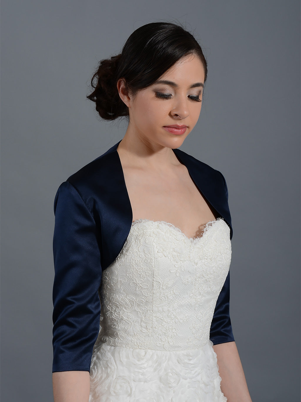 Navy Blue 3/4 sleeve wedding satin bolero jacket Satin009_NavyBlue