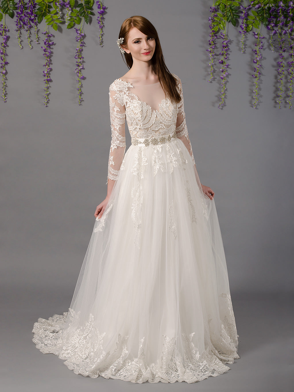 Long sleeve lace wedding dress with embroidered lace 4032