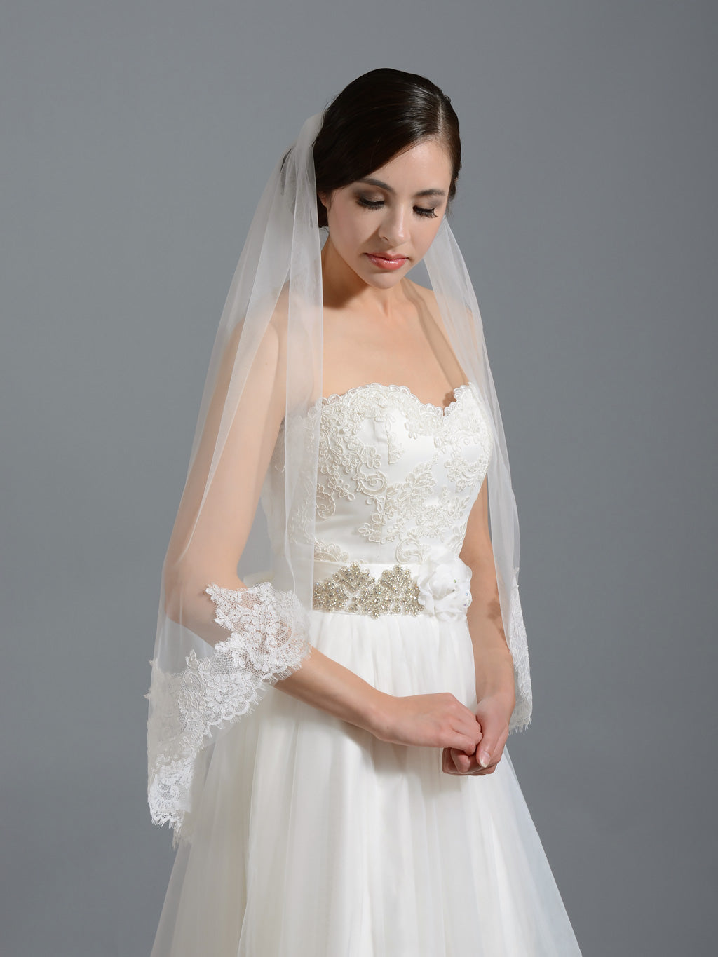 Ivory elbow alencon lace wedding veil V038