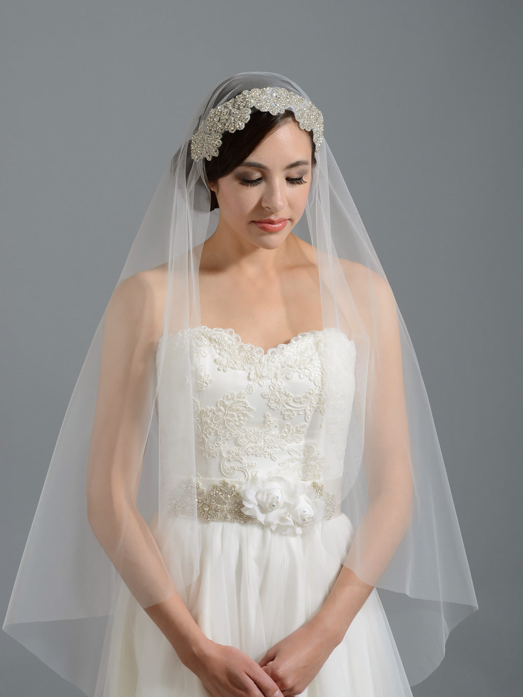 Ivory elbow wedding veil  with rhinestone applique V048