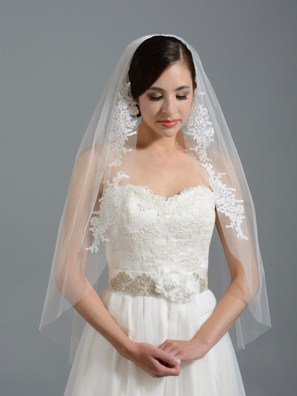 Ivory elbow wedding veil  V051 alencon lace V051