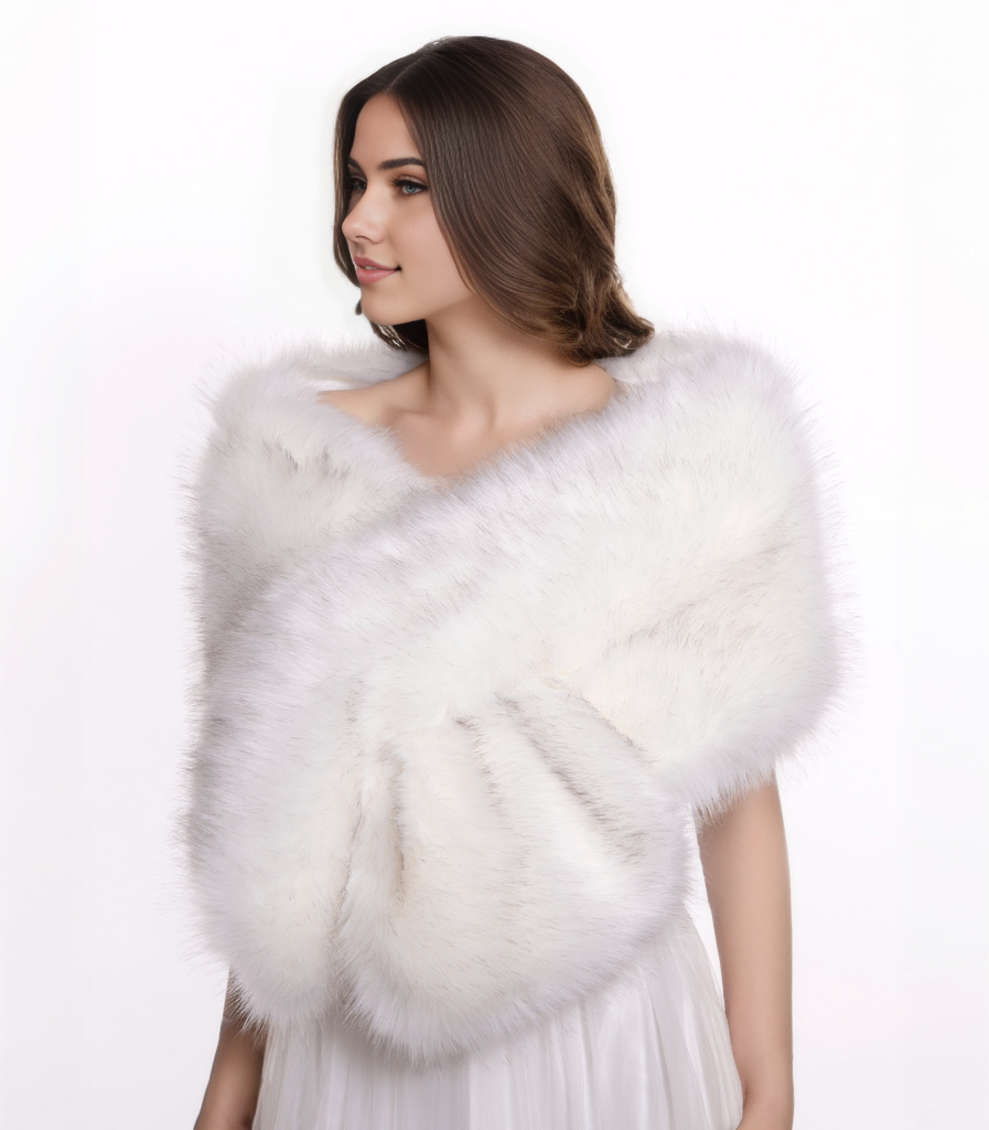 Light ivory faux fur wrap with black tips