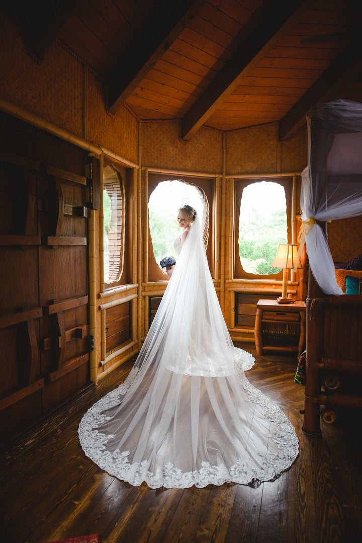 Beaded lace light ivory wedding veil cathedral length V201C