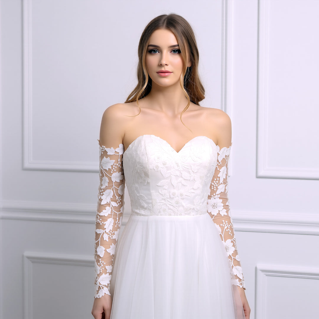 detachable off shoulder sleeves for wedding dress Off the Shoulder Wedding Dresses Detachable Puffy Long Sleeve A line Bridal Gown