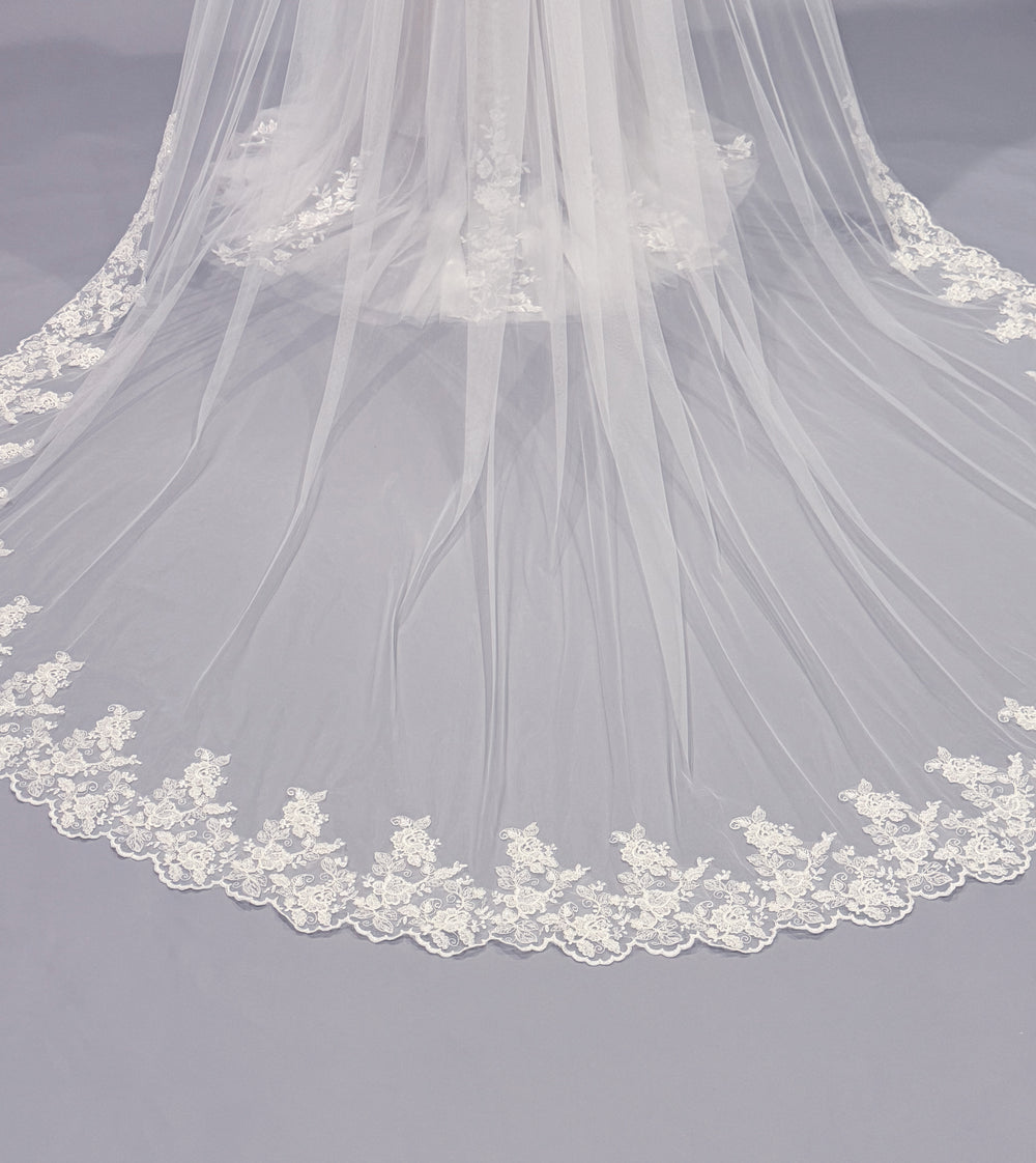 Veil Frame Light ivory cathedral veil with beaded lace trim V210C – Tulip Bridal