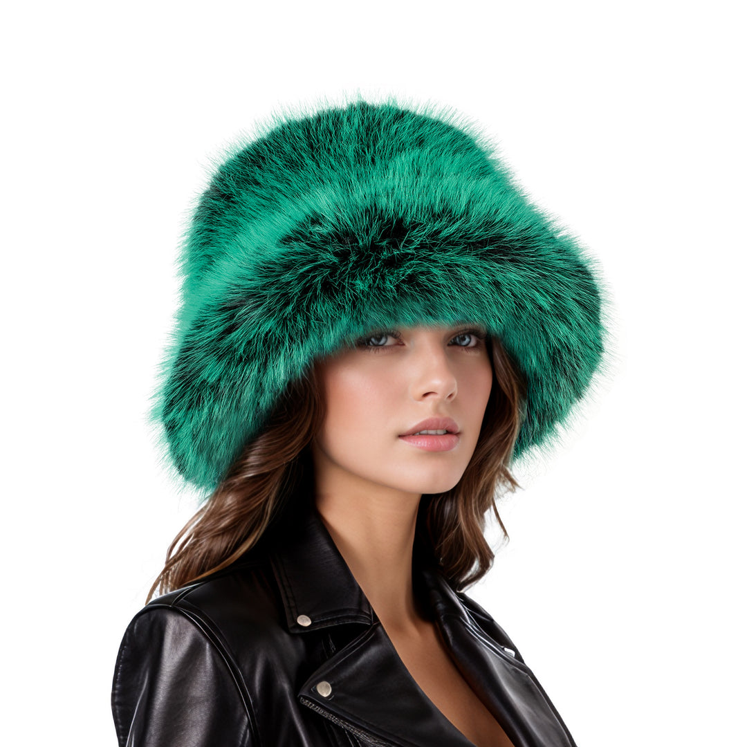 Green black two tone faux fur bucket hat
