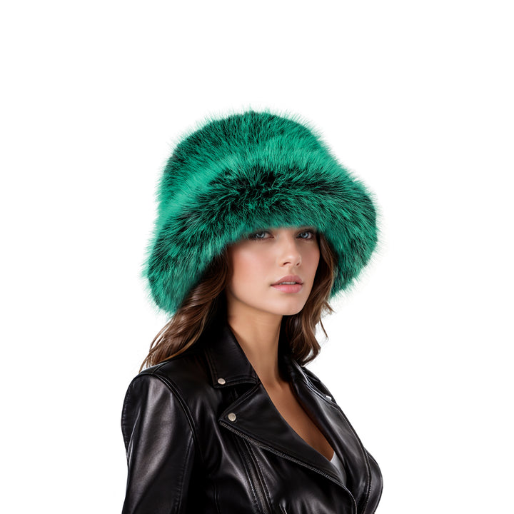 Green black two tone faux fur bucket hat