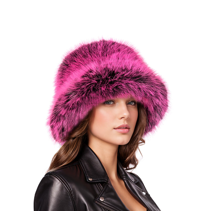 Pink black two tone faux fur bucket hat