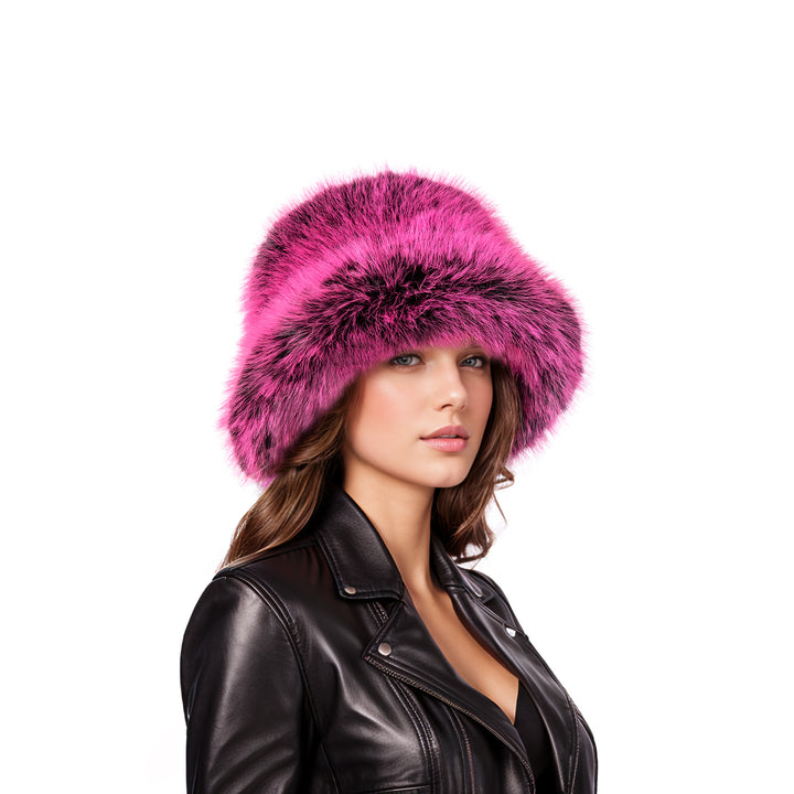 Pink black two tone faux fur bucket hat