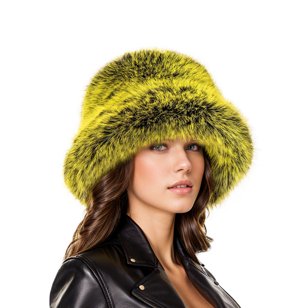 Yellow black two tone faux fur bucket hat