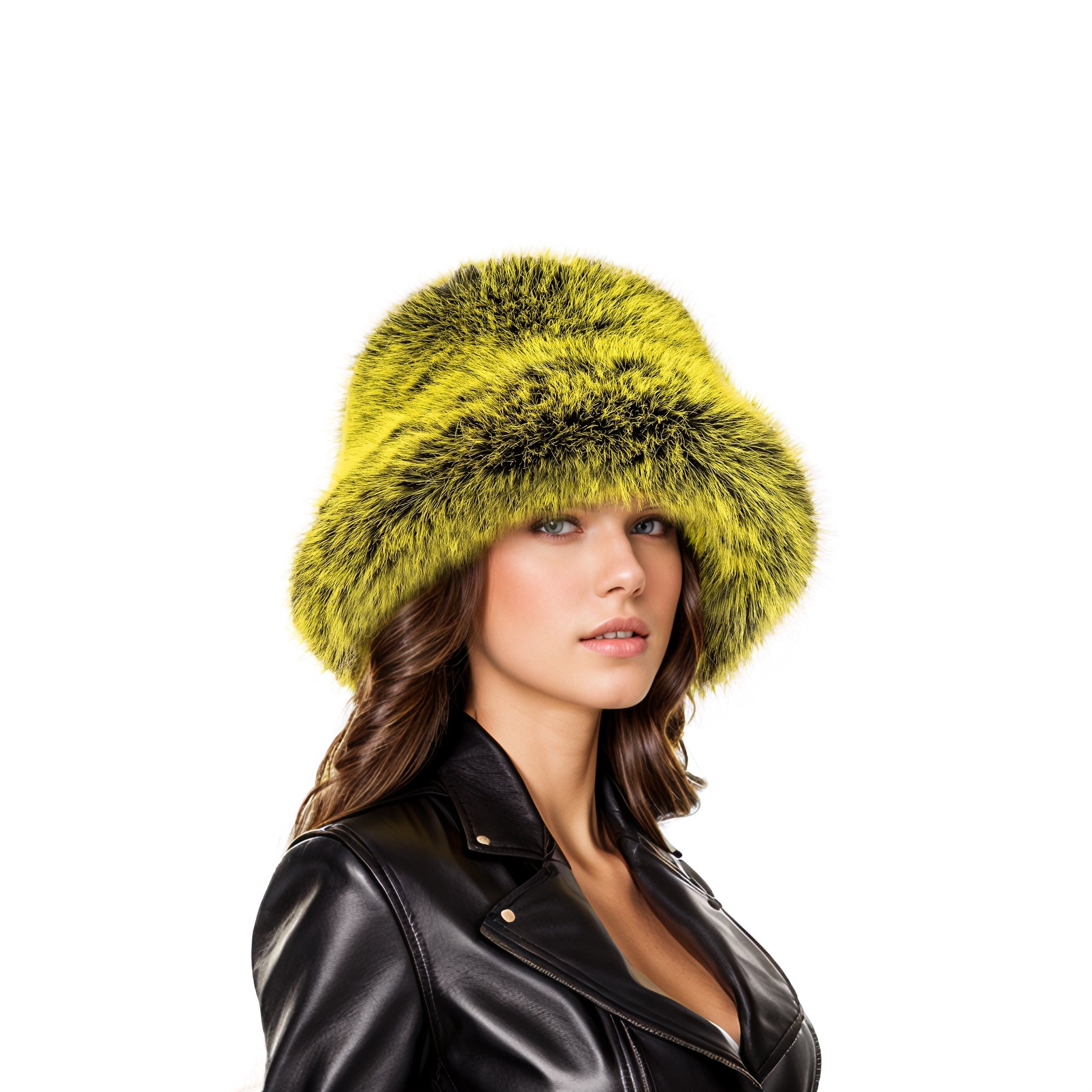 Yellow black two tone faux fur bucket hat – Tulip Bridal