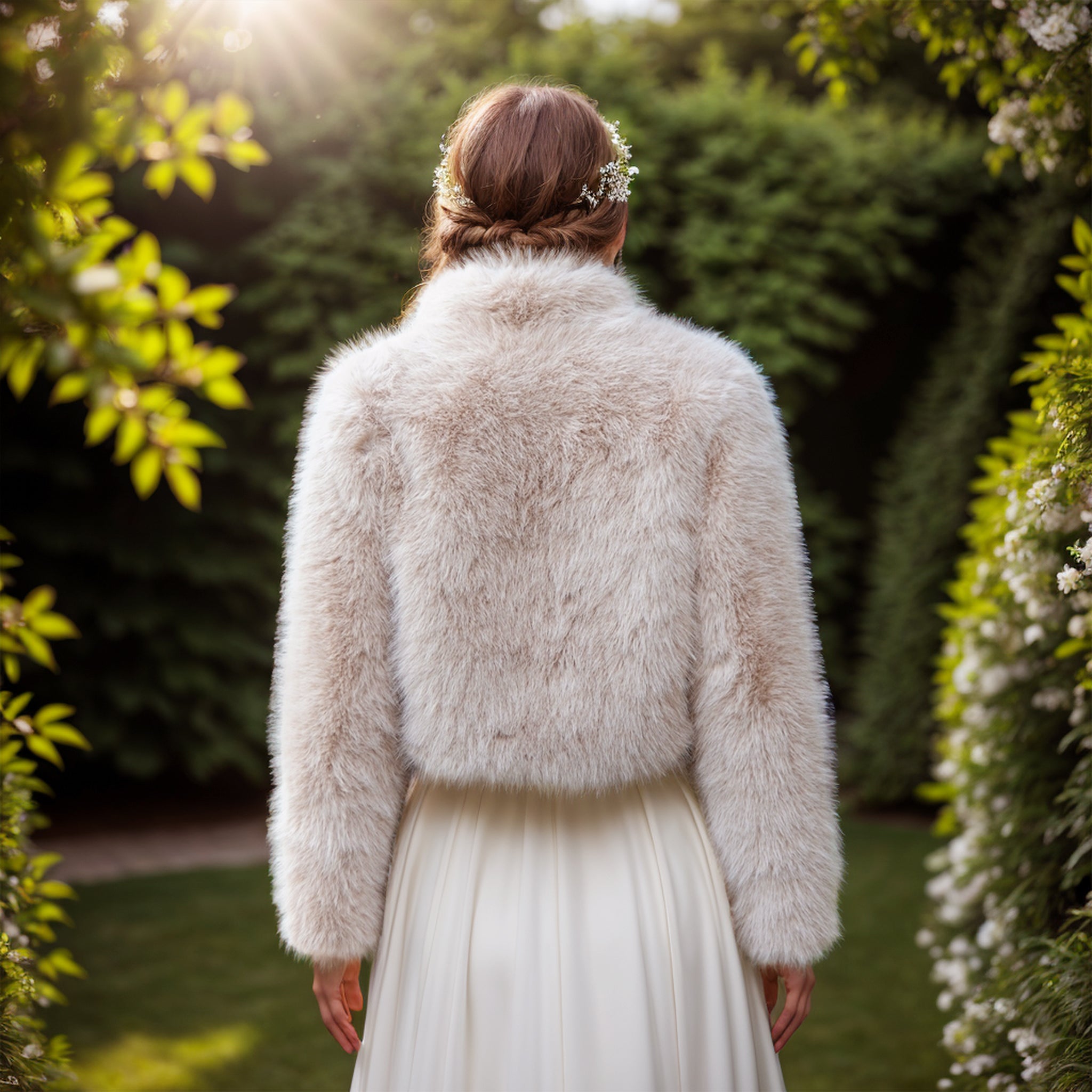 Light beige faux fur jacket with collar – Tulip Bridal