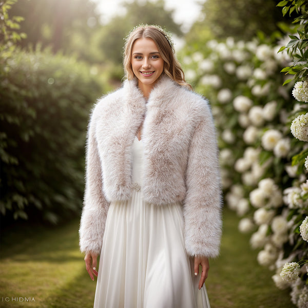 Light beige faux fur jacket with collar – Tulip Bridal
