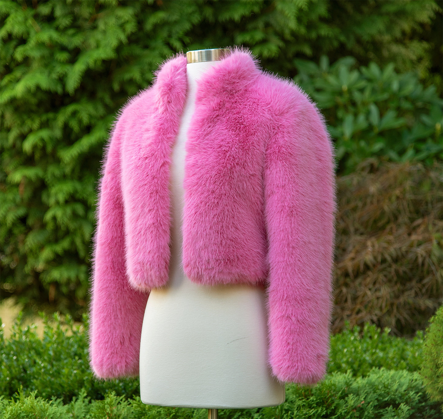 Barbie pink faux fur jacket with collar